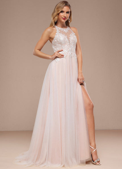 Robe Pastel Rose Traîne Dentelle Paillettes