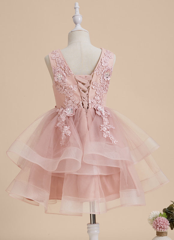 Robe Pastel Rose En Tulle Avec Dentelle - gallery 9