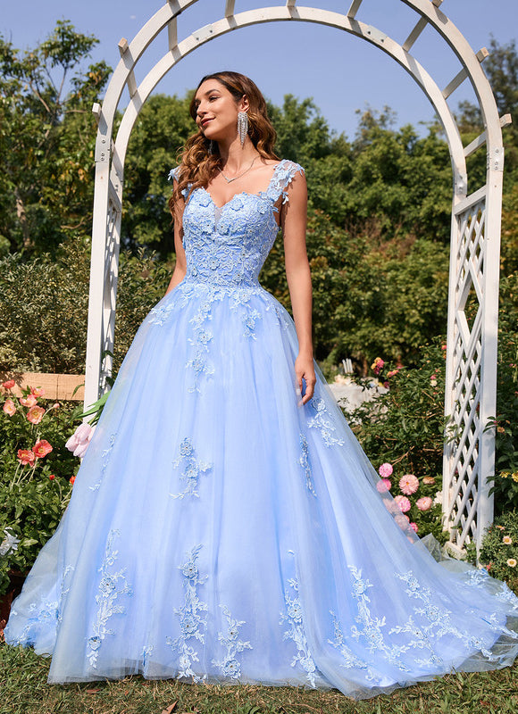 Robe Pastel Bleu Col Cœur Traîne Tulle - gallery 4