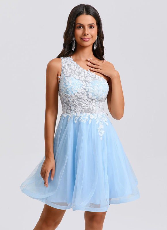 Robe Pastel Bleu Décolleté Asymétrique Tulle - gallery 3
