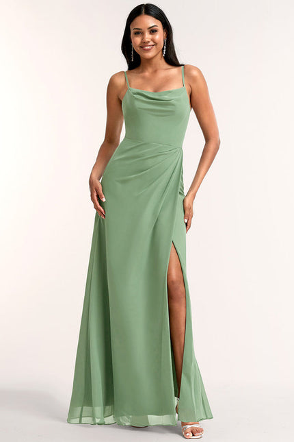 Robe Pastel Verte Décolletée Longueur Sol