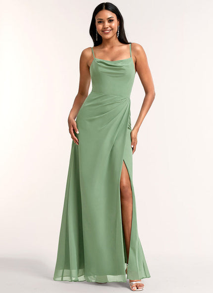 Robe Pastel Verte Décolletée Longueur Sol