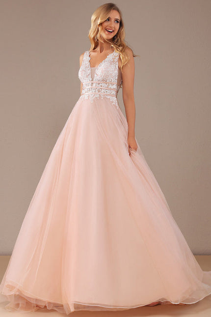 Robe Pastel Rose Col V Traîne Tulle - gallery 2