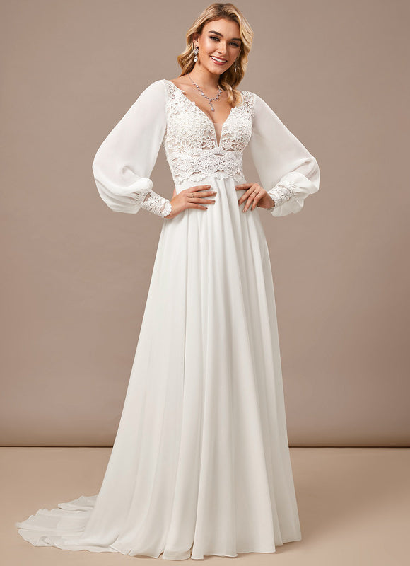 Robe Pastel Blanche Col V Traîne Dentelle