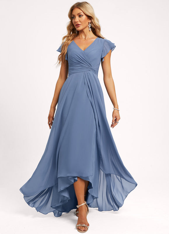 Robe Pastel Bleu Asymétrique Col V Volants - gallery 2