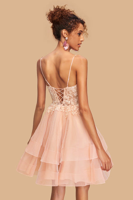 Robe Pastel Rose Col V Tulle Dentelle - gallery 2