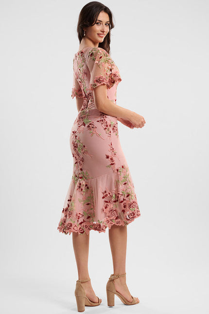 Robe Pastel Rose Col V Dentelle Florale - gallery 4