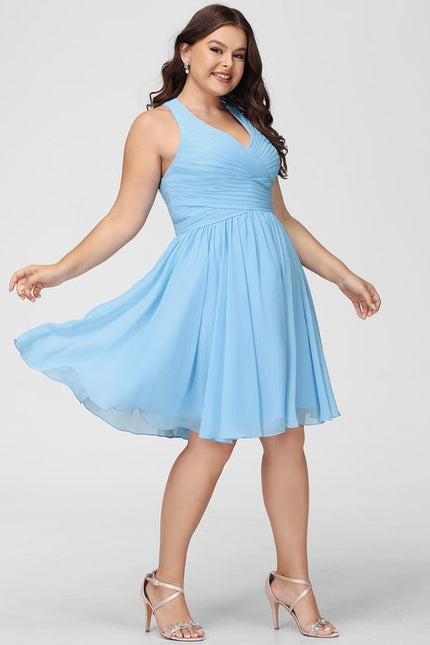 Robe Pastel Bleu Col V Trapèze Mousseline - gallery 8