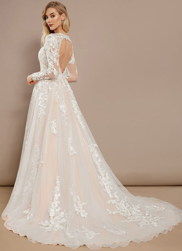 Robe Pastel Blanche Col V Traîne Tulle - gallery 5