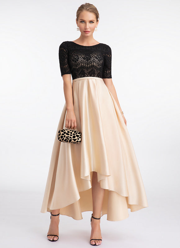 Robe Pastel Beige Trapèze Satin Dentelle