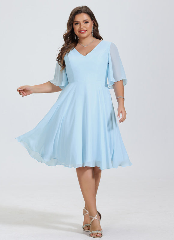 Robe Pastel Bleu Col V Mousseline Genou - gallery 5