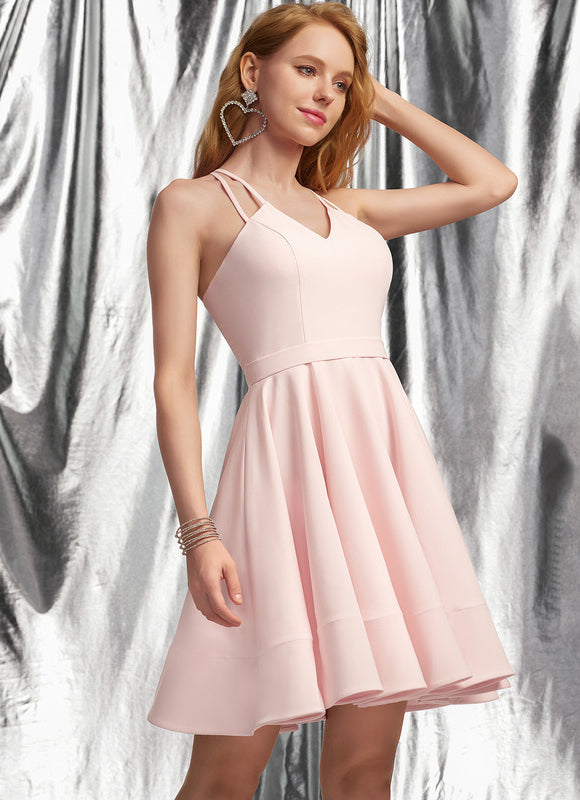 Robe Pastel Rose Trapèze Col V Court - gallery 3