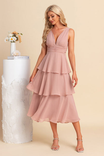 Robe Pastel Rose Col V Trapèze Midi - gallery 6