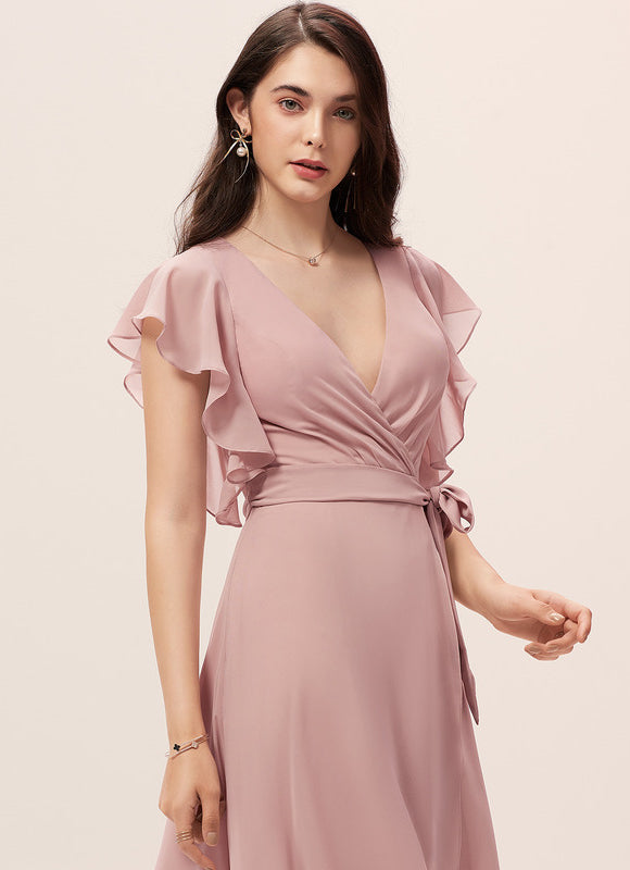 Robe Pastel Bleu Asymétrique Col V Volants - gallery 1