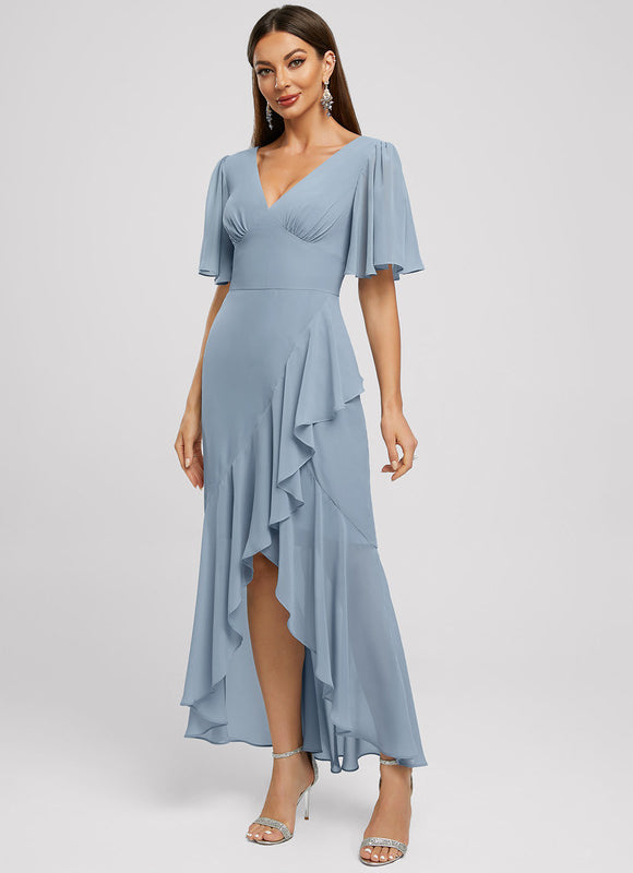 Robe Pastel Bleu Sirène Col V Volants - gallery 1