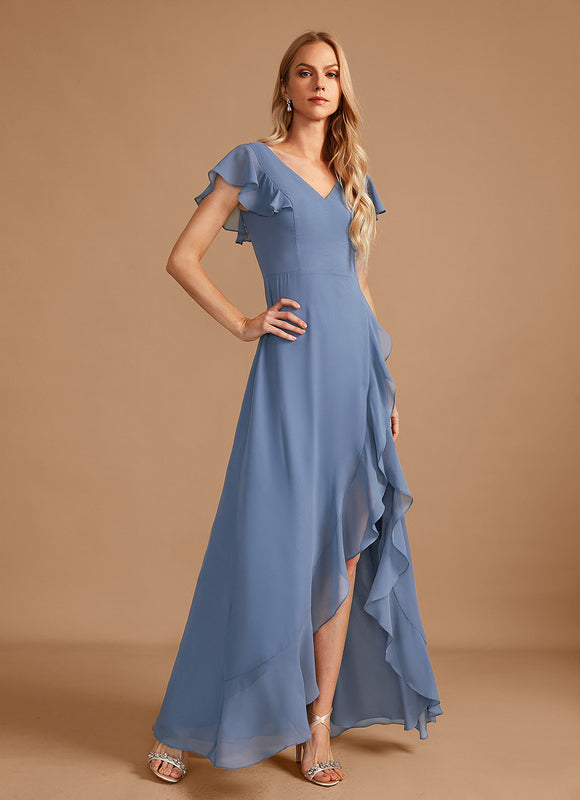 Robe Pastel Bleu Asymétrique Col V Volants - gallery 2