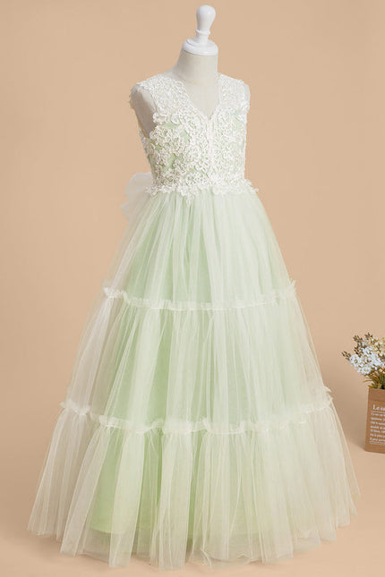 Robe Pastel Verte Col V Dentelle Enfant - gallery 2