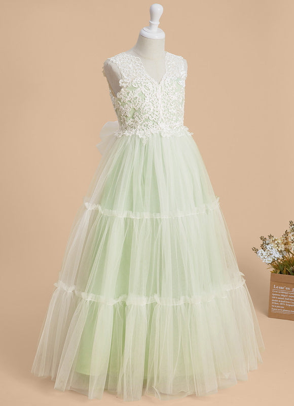 Robe Pastel Verte Col V Dentelle Enfant - gallery 2