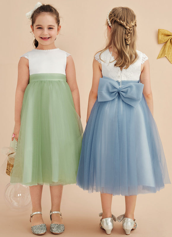 Robe Pastel Bleu Col Rond Satin Tulle - gallery 7