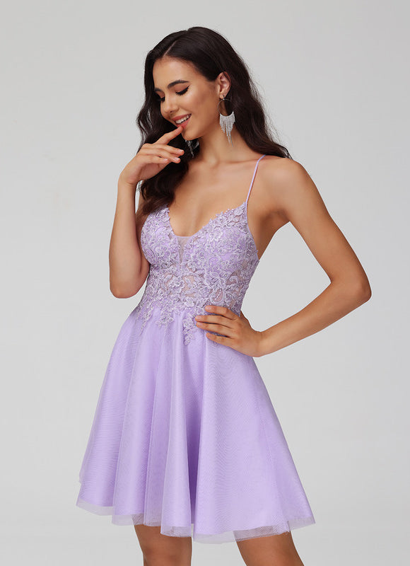 Robe Pastel Lavande Col V Dentelle Tulle - gallery 2