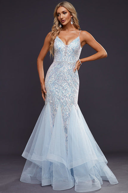 Robe Pastel Bleu Sirène Traîne Pailletée - gallery 7