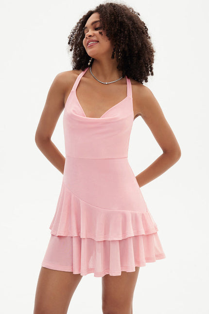 Robe Pastel Rose Trapèze À Volants - gallery 6