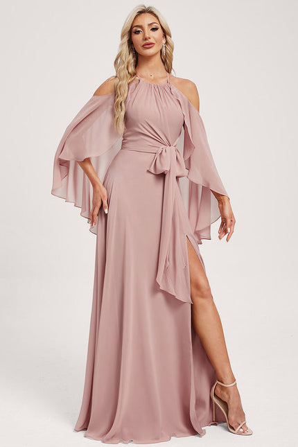 Robe Pastel Rose Décolleté Licou Longue - gallery 4