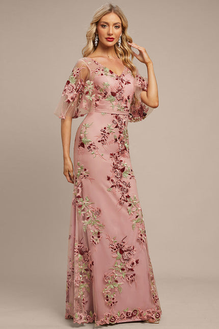 Robe Pastel Rose Col V Dentelle Élégante - gallery 3
