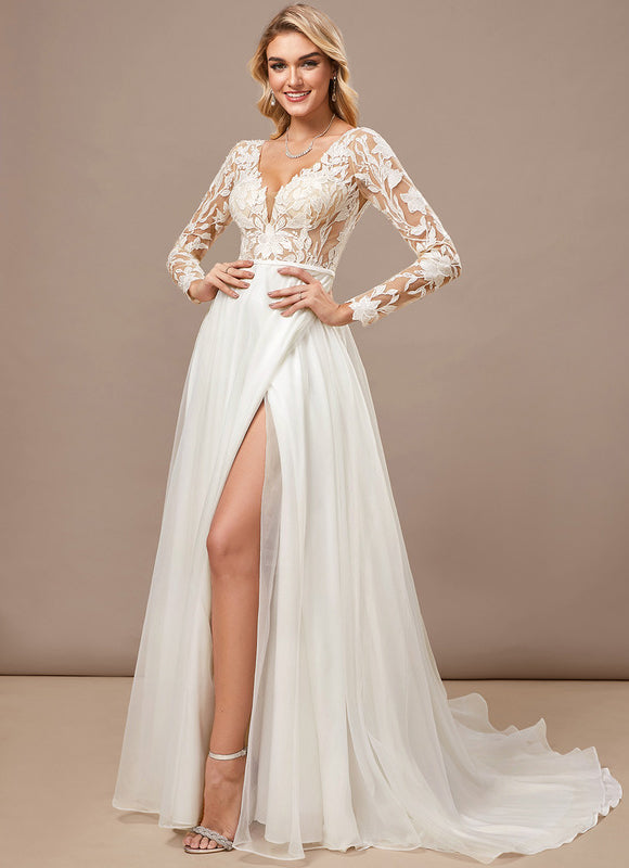 Robe Pastel Blanche Traîne Dentelle Élégante