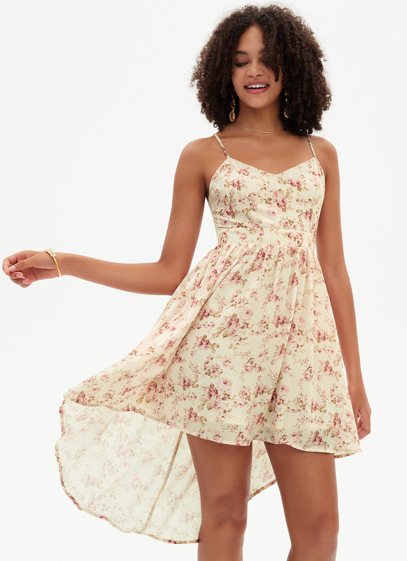 Robe Pastel Fleurie Beige Col V Asymétrique - gallery 6