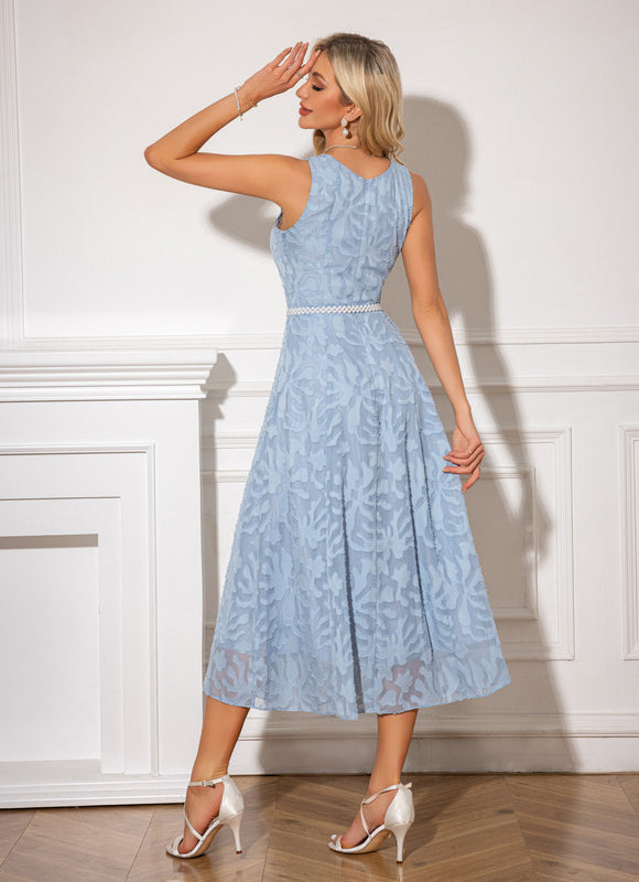 Robe Pastel Bleu Jacquard Trapèze Midi - gallery 1