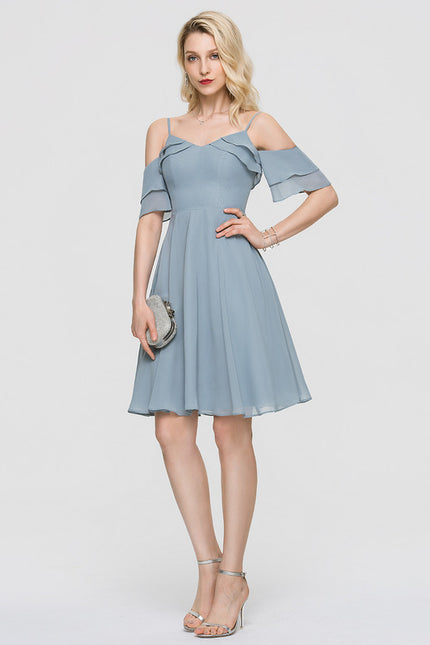 Robe Pastel Bleu Décolleté Épaules Volants - gallery 5