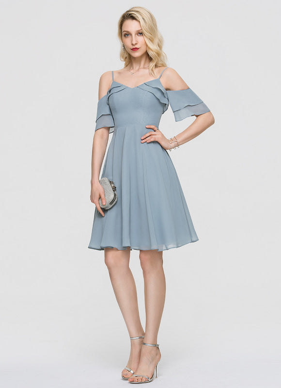 Robe Pastel Bleu Décolleté Épaules Volants - gallery 5