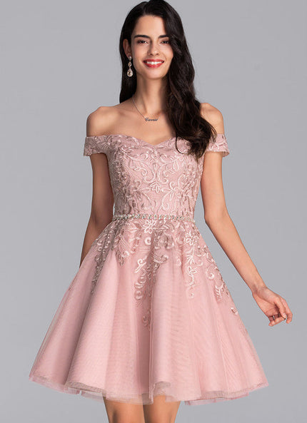 Robe Pastel Rose Tulle Paillettes Élégante