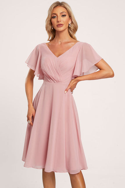 Robe Pastel Rose Trapèze Col V Genou - gallery 3
