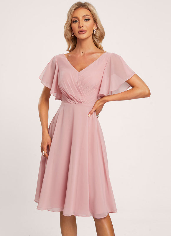 Robe Pastel Rose Trapèze Col V Genou - gallery 3