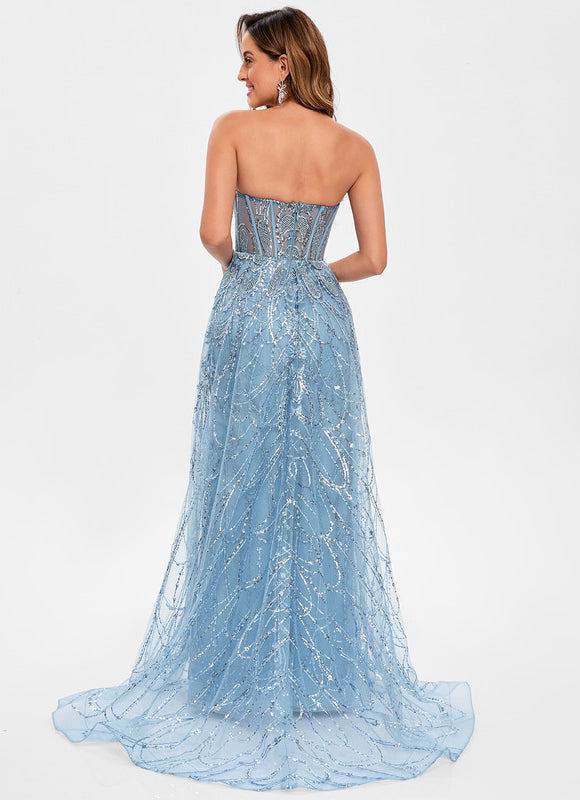 Robe Pastel Bleu Pailleté Avec Traîne - gallery 6