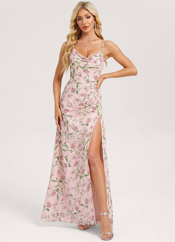 Robe Pastel Verte Décolletée Longueur Sol