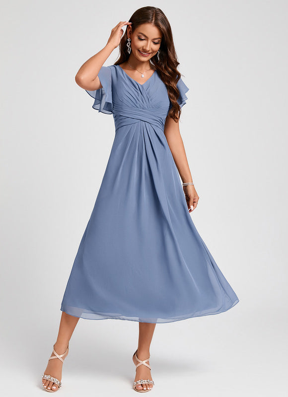 Robe Pastel Bleu Col V Longueur Mollet - gallery 3