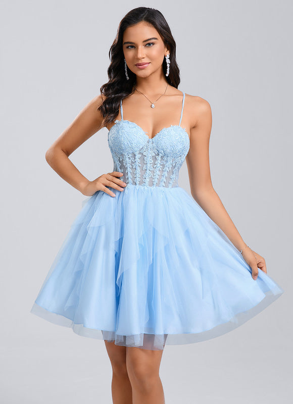 Robe Pastel Bleu Ciel Col Cœur Volants