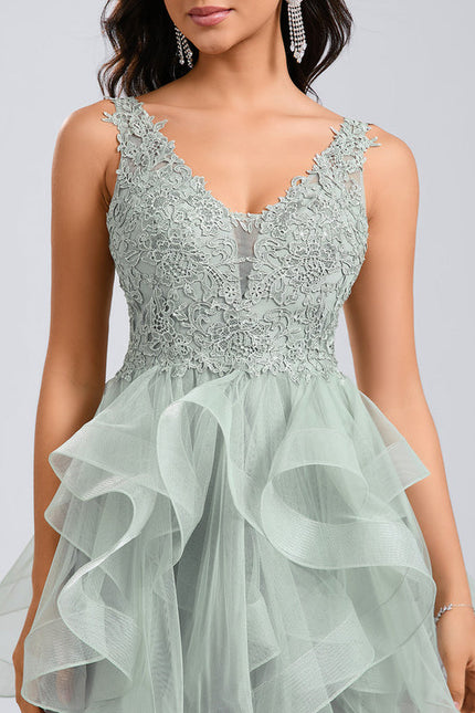 Robe Pastel Verte Col V Tulle Dentelle - gallery 7