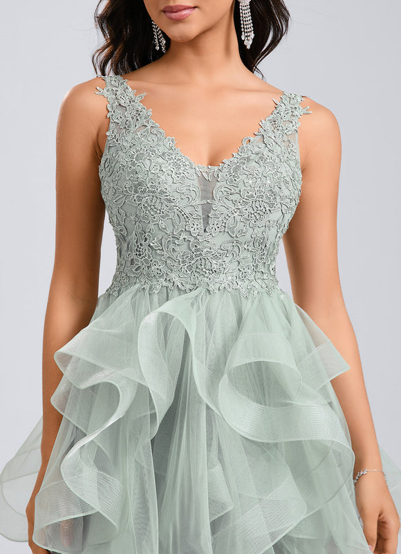 Robe Pastel Verte Col V Tulle Dentelle - gallery 7