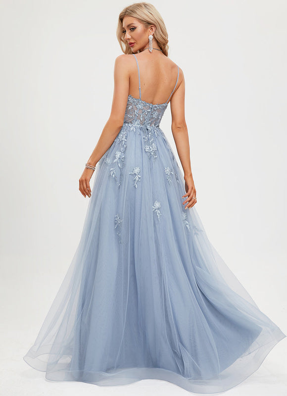 Robe Pastel Bleu Col V Tulle Longue - gallery 4