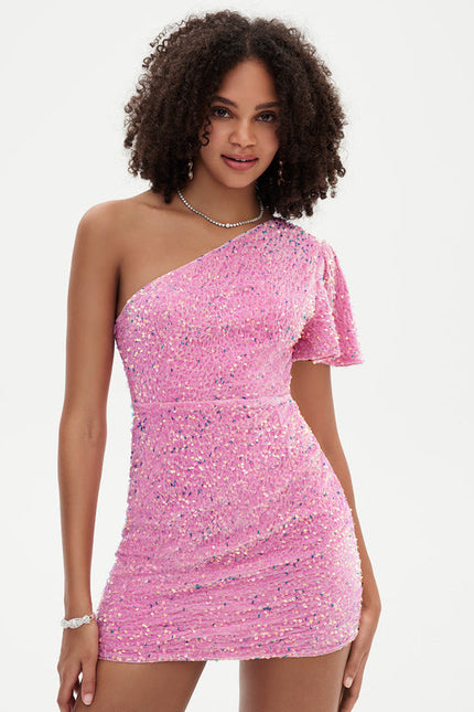 Robe Pastel Rose Paillettes Asymétrique Chic - gallery 6
