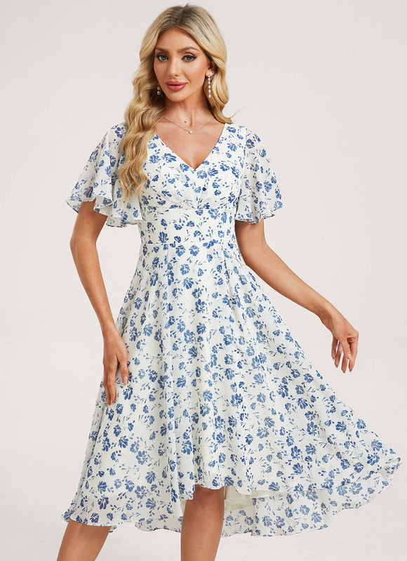 Robe Pastel Bleu Asymétrique Col V Volants