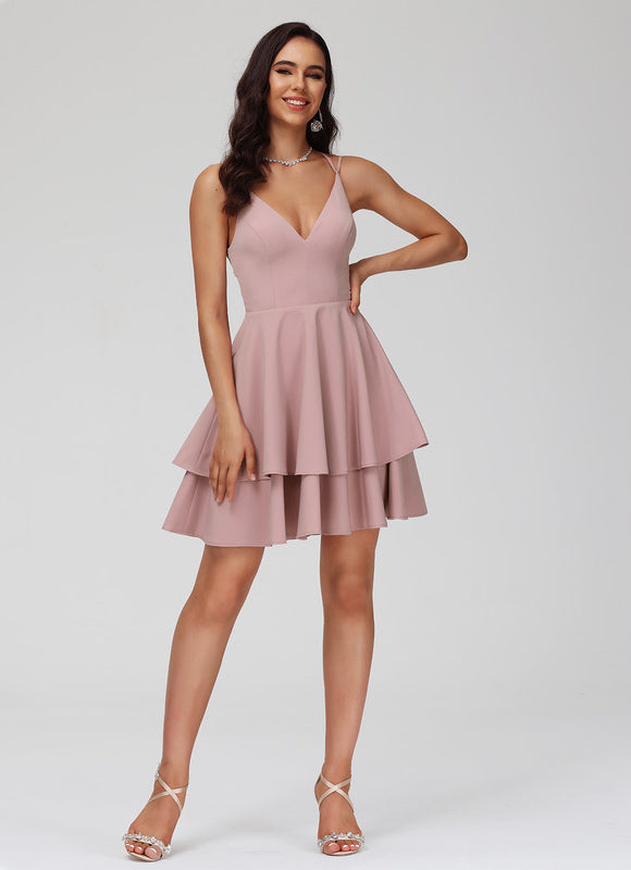 Robe Pastel Rose Trapèze Col V Court - gallery 9