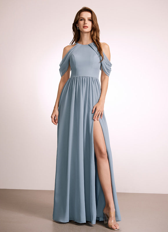 Robe Pastel Bleu Col Montant Trapèze