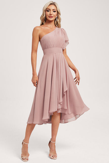 Robe Pastel Rose Décolleté Asymétrique Volants - gallery 2