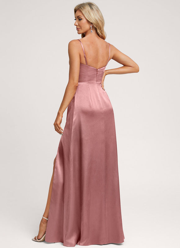 Robe Pastel Rose Satin Longueur Sol Élégante - gallery 1