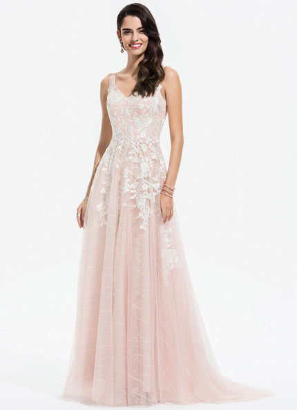 Robe Pastel Rose Traîne En Tulle